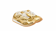 Gold and white sneakers with mesh and metallic details, featuring a beige sole and white laces, from Bottega Veneta.