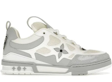 White and gray sneakers with mesh panels, a black star logo on the side, and detailed soles with small graphic symbols.