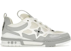 White and gray sneakers with mesh panels, a black star logo on the side, and detailed soles with small graphic symbols.