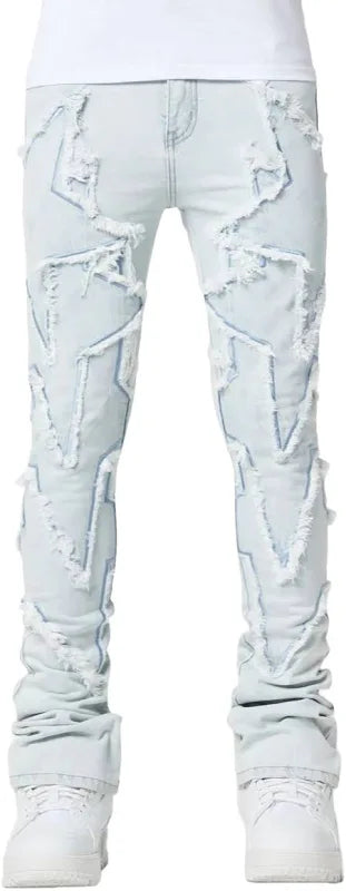 Light blue distressed jeans with heavy ripped patterns worn with white sneakers, shown front view from waist down to feet.
