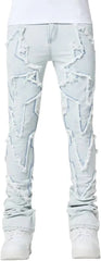 Light blue distressed jeans with heavy ripped patterns worn with white sneakers, shown front view from waist down to feet.