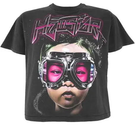 Black graphic t-shirt featuring a person wearing futuristic goggles, with "Hustar" text in neon pink and purple above.