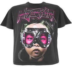 Black graphic t-shirt featuring a person wearing futuristic goggles, with "Hustar" text in neon pink and purple above.