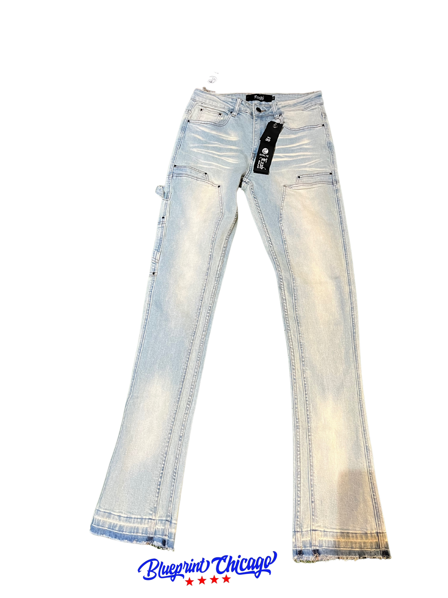 Light wash flare jeans with a worn look, displayed flat with price tags attached, and a "Blueprint Chicago" label at the bottom.