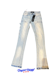 Light wash flare jeans with a worn look, displayed flat with price tags attached, and a "Blueprint Chicago" label at the bottom.