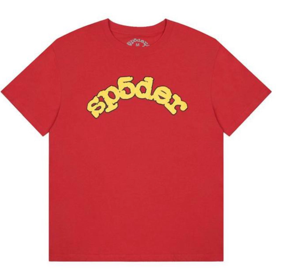 Red t-shirt with the word "sp5der" in yellow, featuring a bold, curved font design in the center.