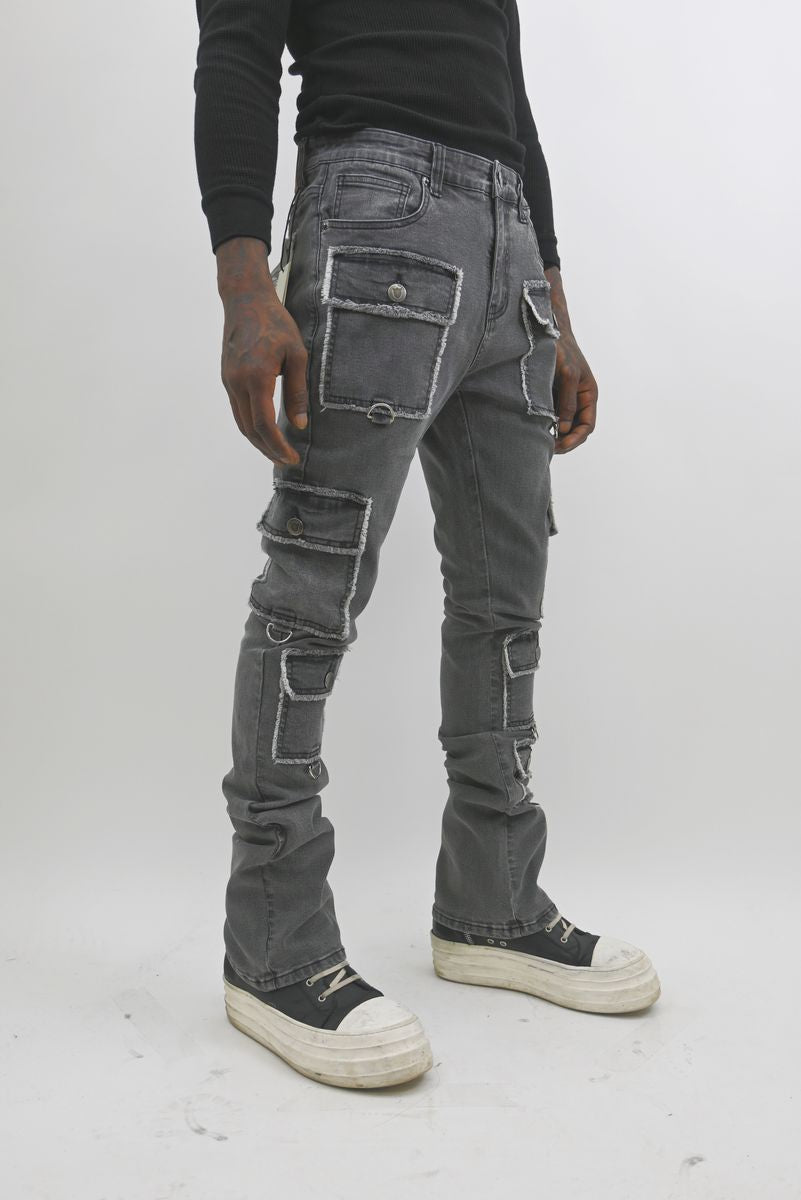 ARMOR JEANS: MULTI POCKET STACKED BLACK WASHED JEANS