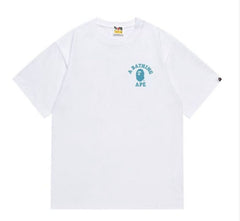 A white t-shirt featuring the "A BATHING APE" logo in teal, with a small ape face graphic on the chest.
