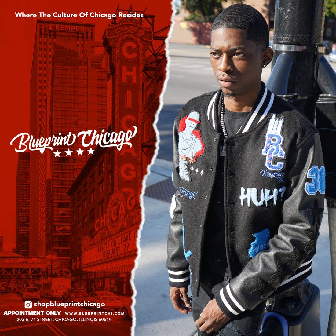 Young man in black varsity jacket stands by streetlamp with Chicago theater and cityscape in red overlay background.