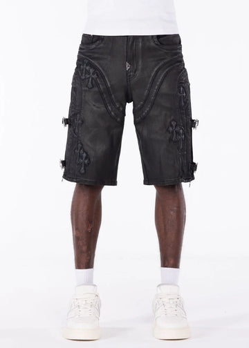 GUAPI: All Black Cross Buckle Shorts