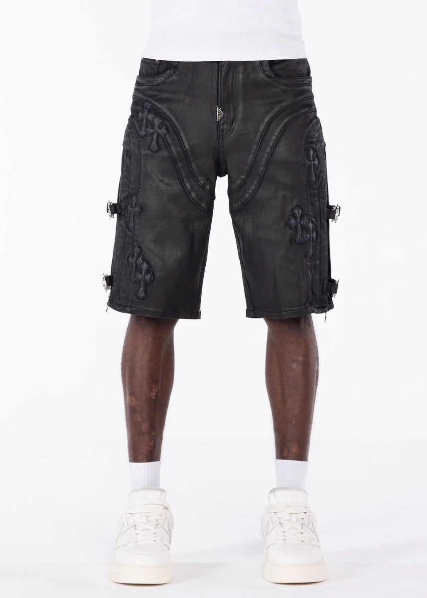 GUAPI: All Black Cross Buckle Shorts