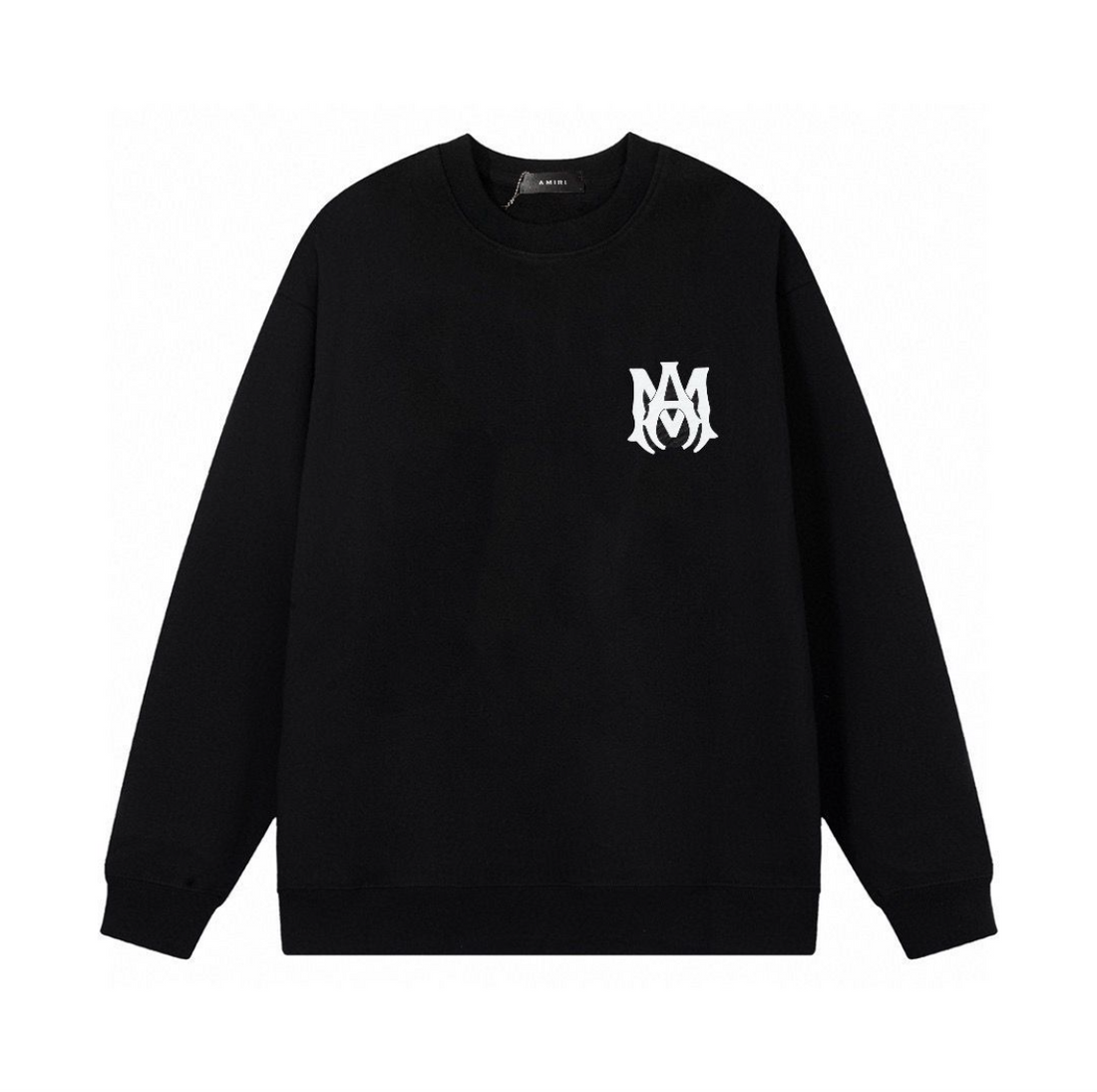 Black long sleeve sweatshirt with a white stylized "AM" logo on the left chest and ribbed cuffs and hem for fit.