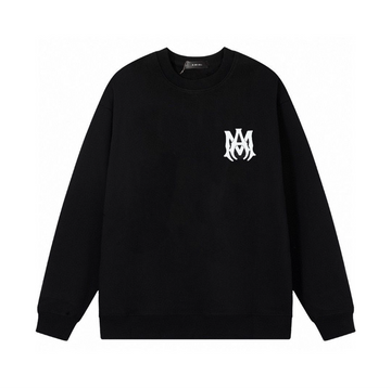 Black long sleeve sweatshirt with a white stylized "AM" logo on the left chest and ribbed cuffs and hem for fit.