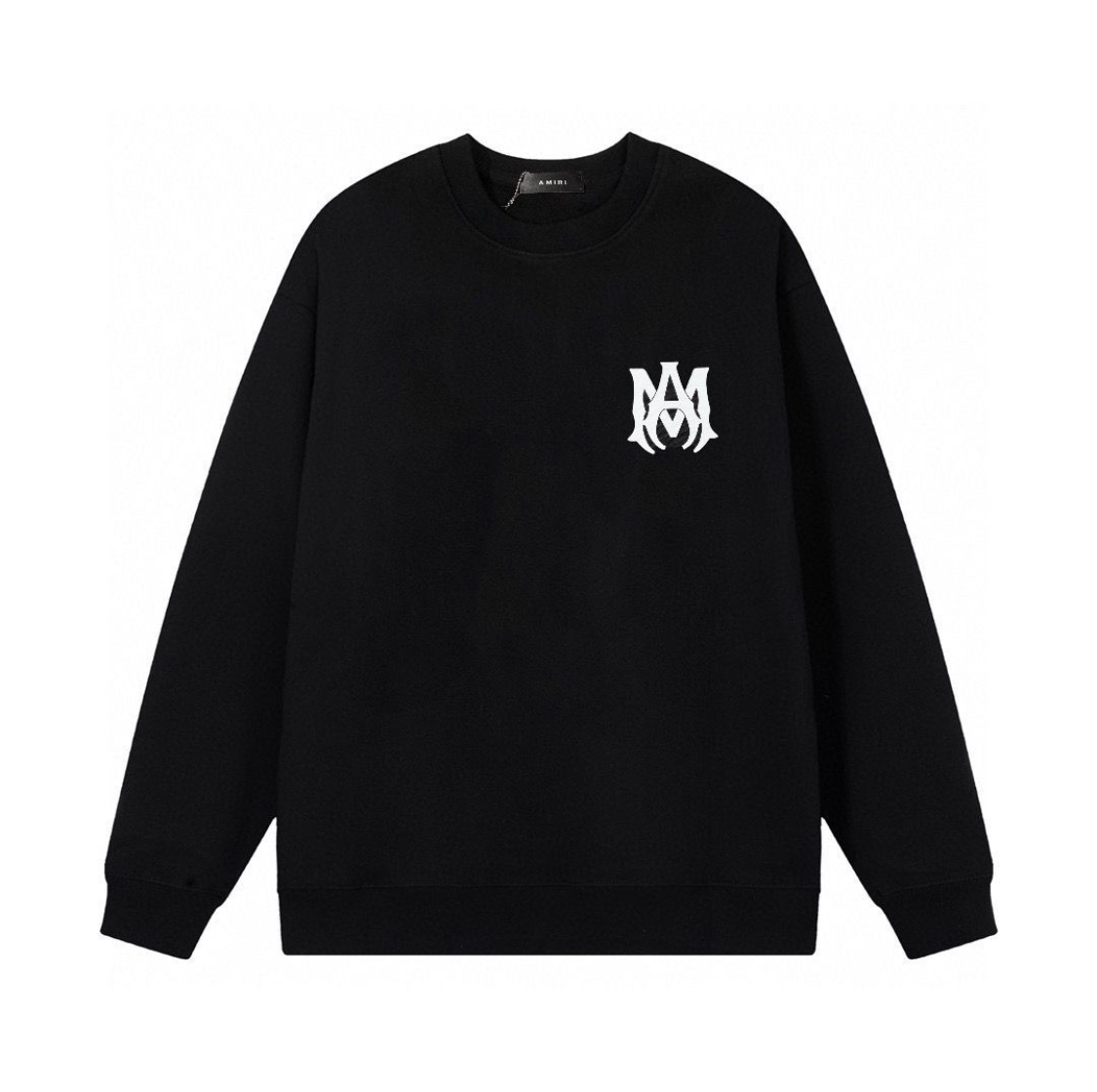 Black long sleeve sweatshirt with a white stylized "AM" logo on the left chest and ribbed cuffs and hem for fit.