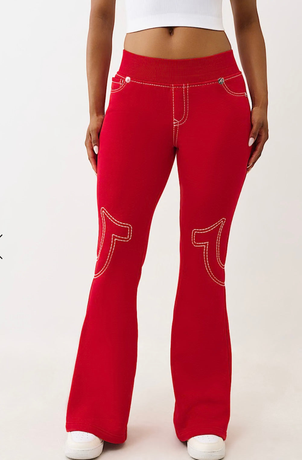 TRUE RELIGION : Red Low Rise Big T Flared Sweatpants