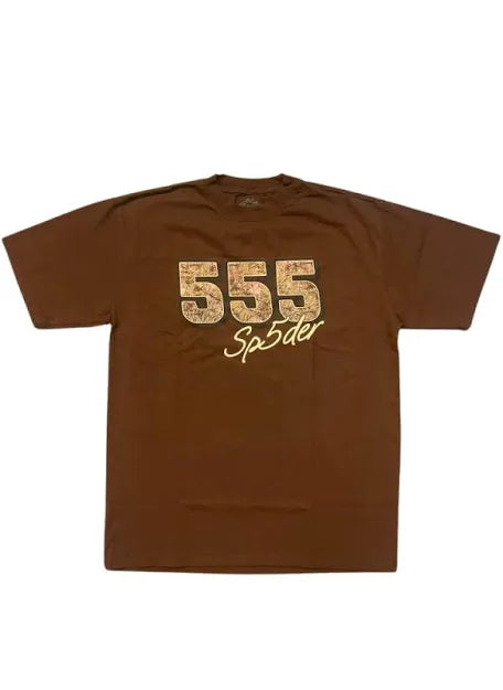 A brown Spider t-shirt featuring the number "555" in a bold font with a stylized "Sp5der" logo below it.