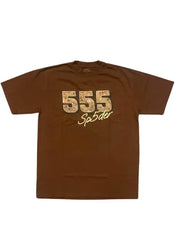 A brown Spider t-shirt featuring the number "555" in a bold font with a stylized "Sp5der" logo below it.