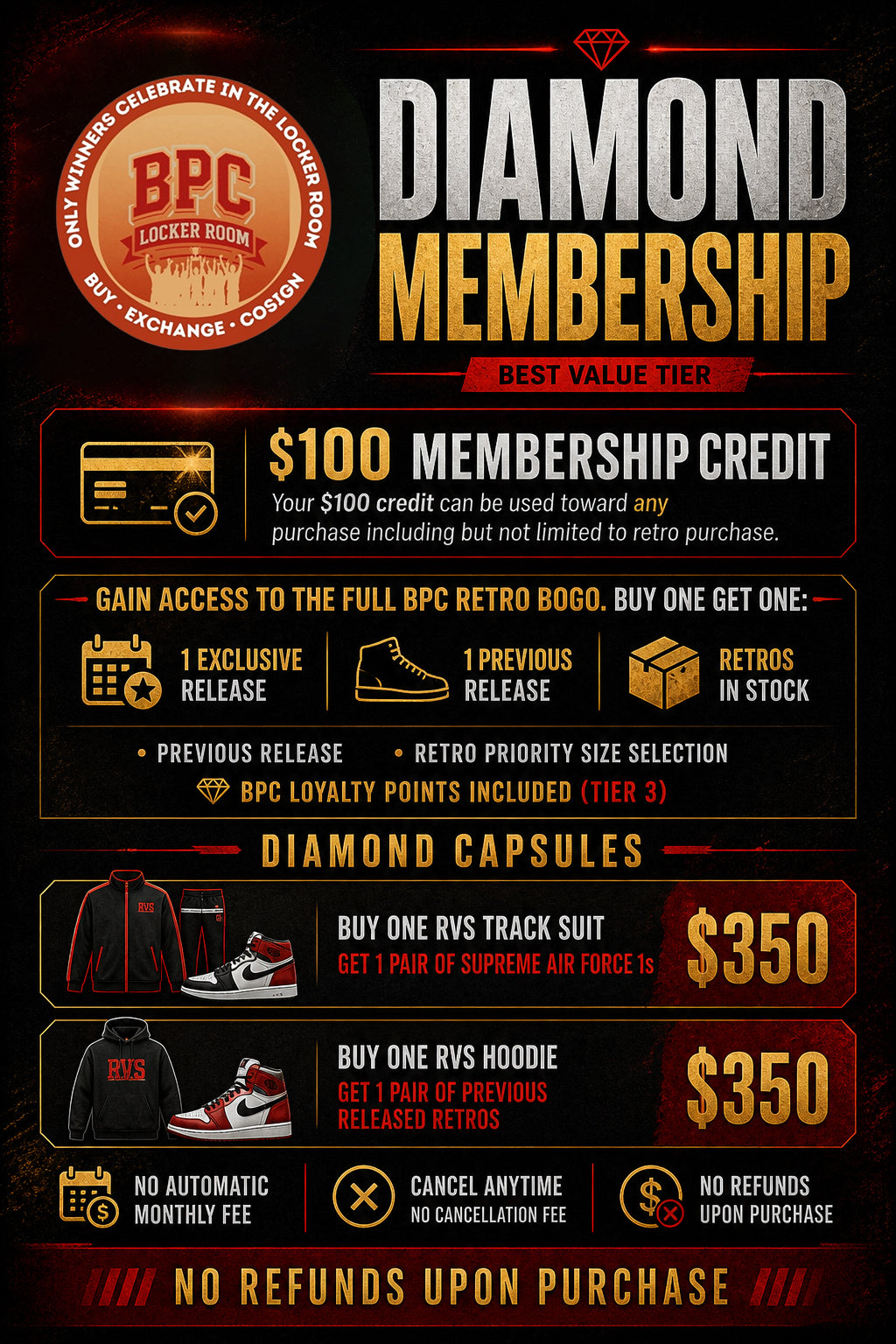 An official Diamond Membership rewards promotional graphic, proudly displayed online at the BPC Looker Room.