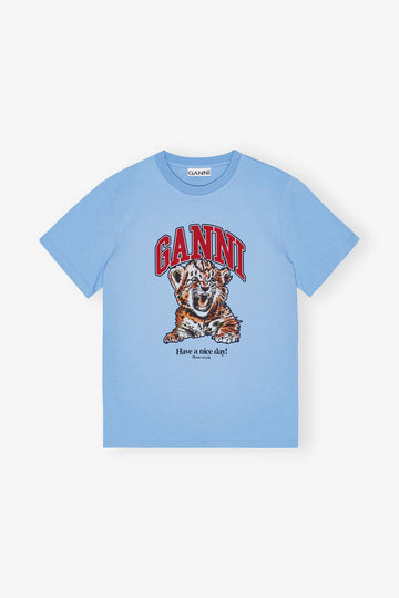 GANNI: Blue Relaxed Jersey Tiger T-shirt
