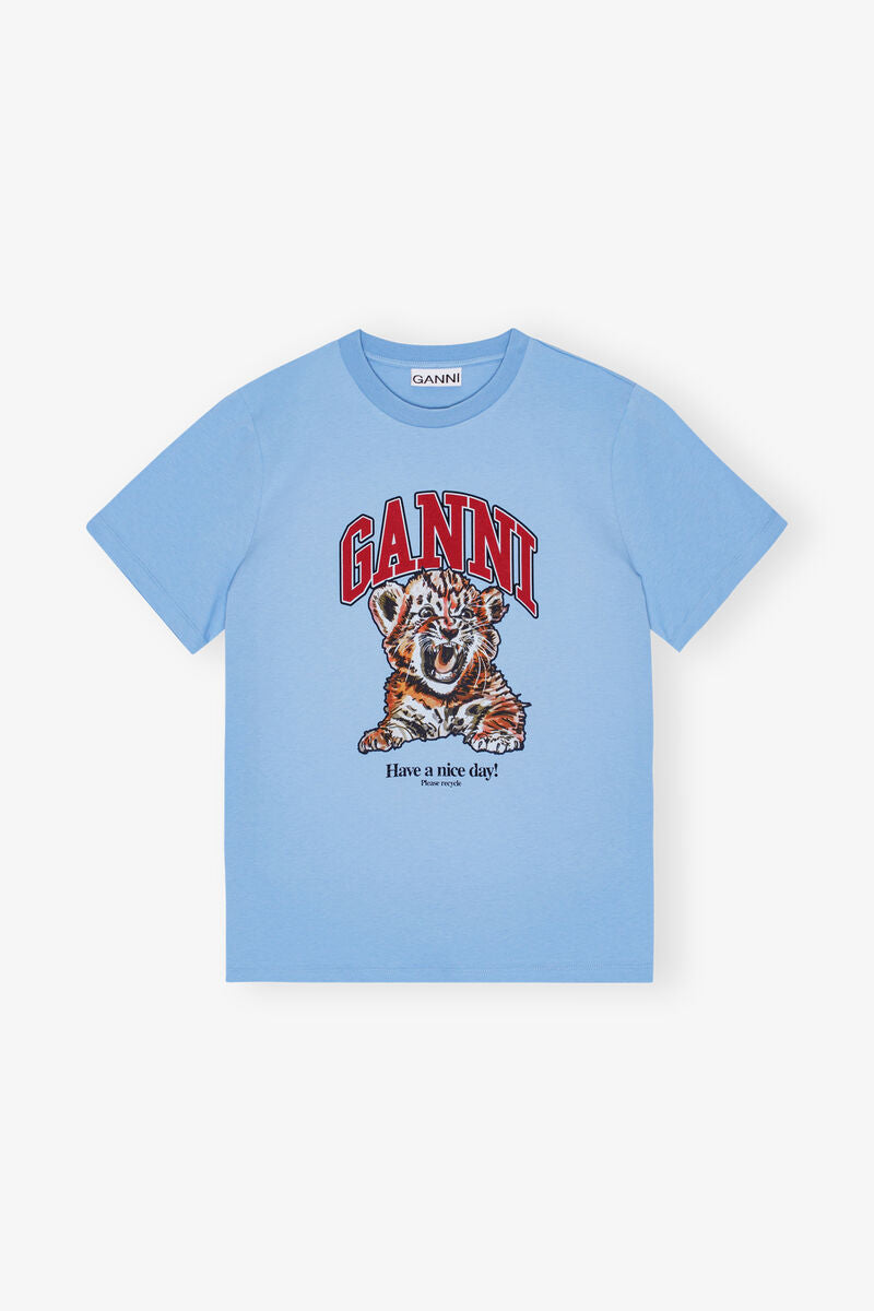GANNI: Blue Relaxed Jersey Tiger T-shirt