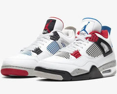 A pair of white Air Jordan 4 sneakers with colorful accents in red, blue, and black, featuring a mix of leather and mesh materials.
