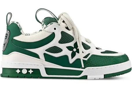 A pair of green and white sneakers featuring mesh detailing, floral patterns, and a bold design on the side.