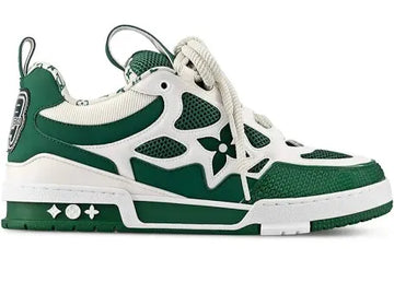 A pair of green and white sneakers featuring mesh detailing, floral patterns, and a bold design on the side.