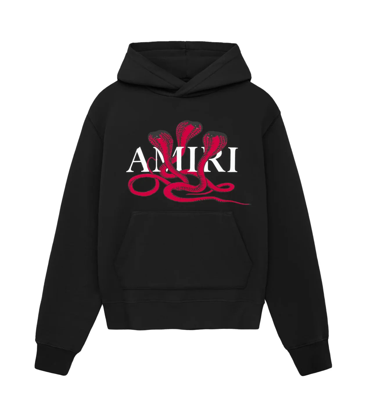 Black hoodie with front pocket featuring three red cobras and the white "AMIRI" text logo centered on the chest area.