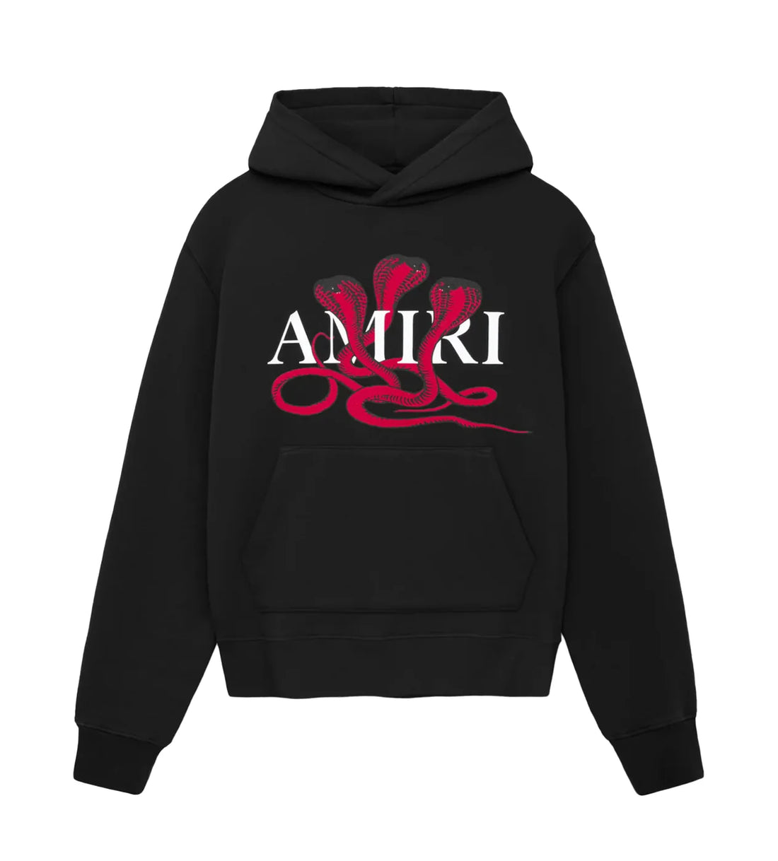 Black hoodie with front pocket featuring three red cobras and the white "AMIRI" text logo centered on the chest area.