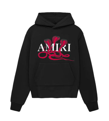Black hoodie with front pocket featuring three red cobras and the white "AMIRI" text logo centered on the chest area.