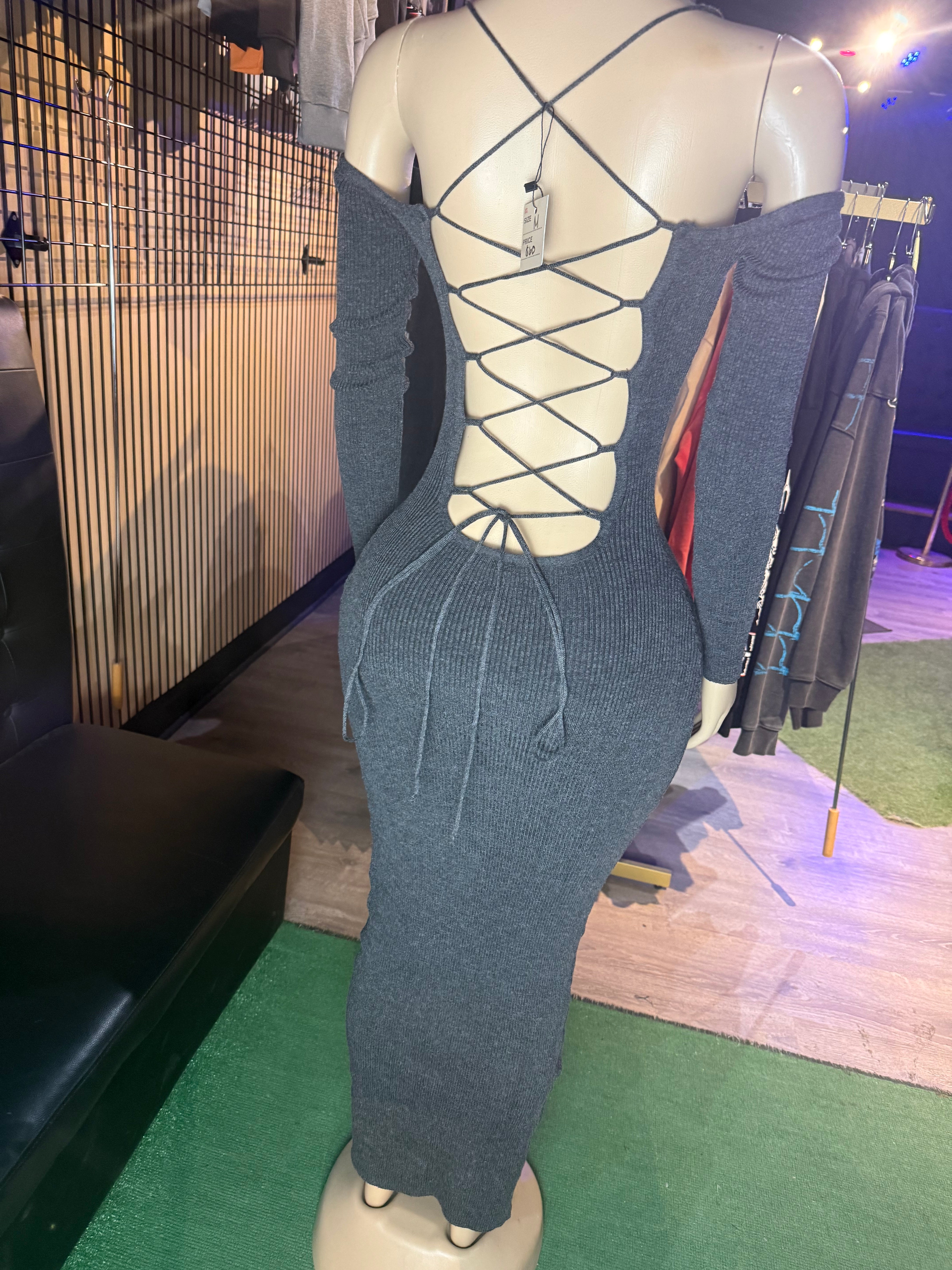 CHARCOAL LACE UP BACKLESS MAXI DRESS