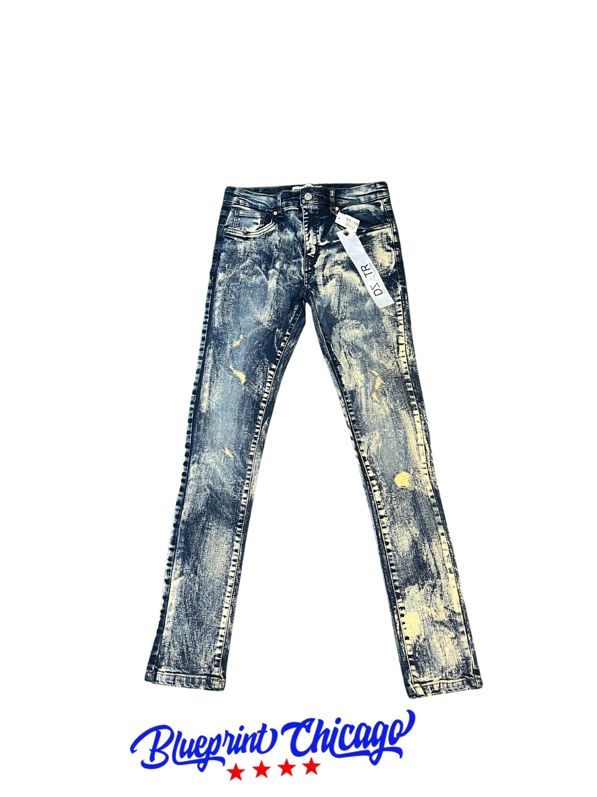 Distressed denim jeans with a light wash, featuring yellow paint splatter details and a tag attached, displayed with Blueprint Chicago logo.