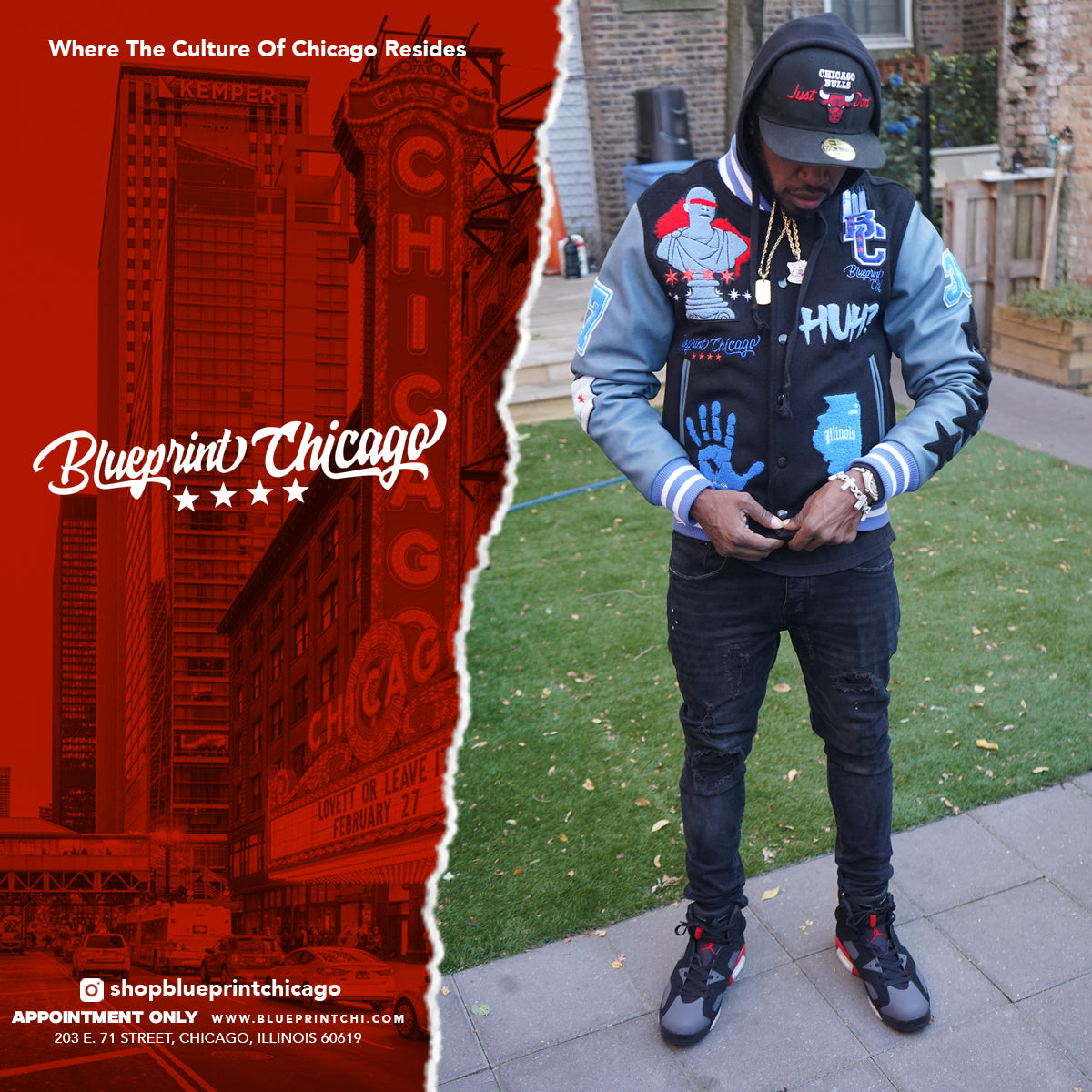 Man wearing a black and blue jacket with colorful patches, black ripped jeans, and sneakers, standing outdoors with a Chicago backdrop.