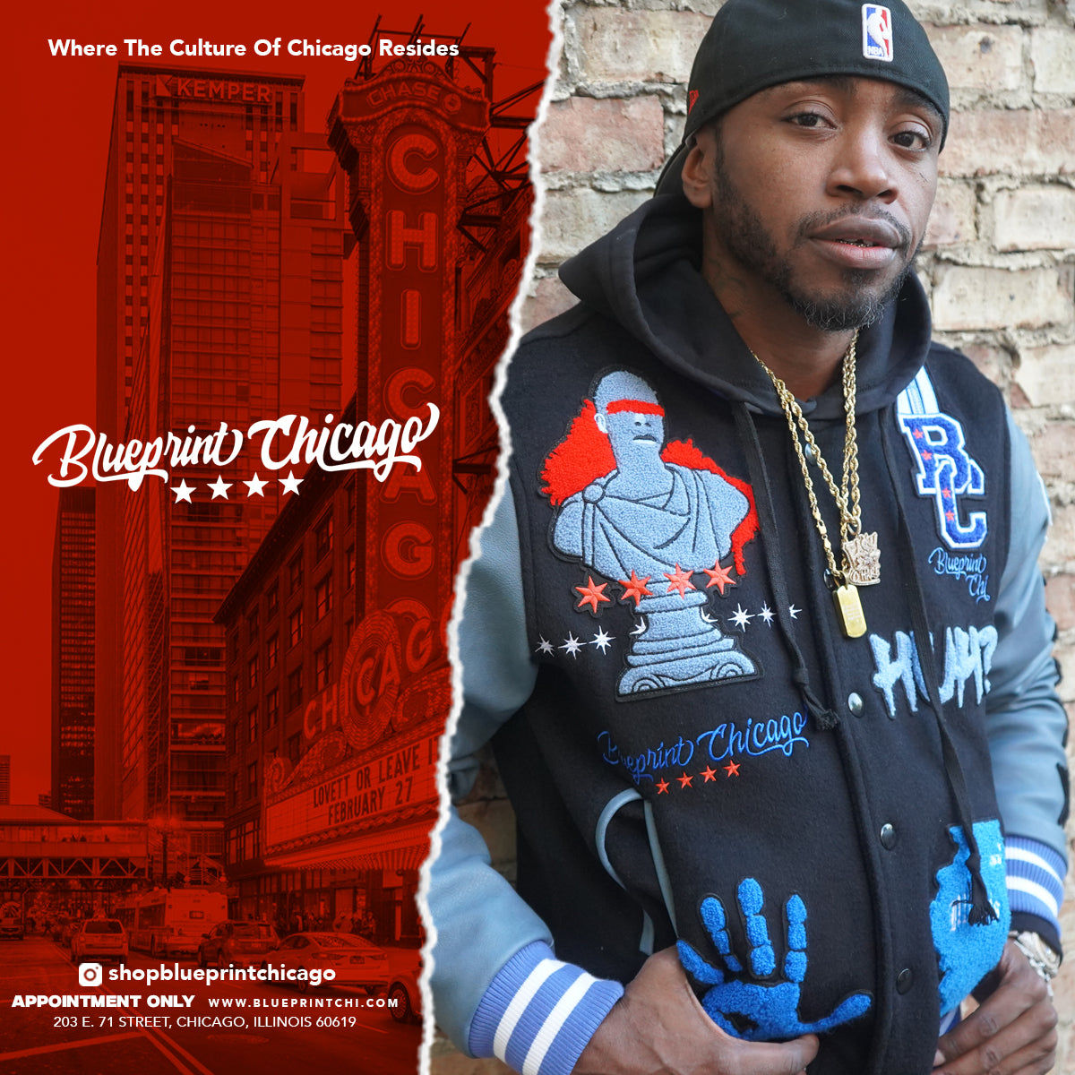 A man wearing a black hoodie with a multicolored "Blueprint Chicago" varsity jacket, standing against a brick wall.