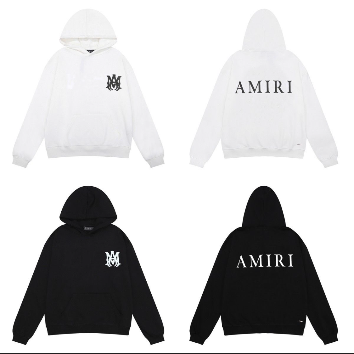 A white and black hoodie with "M" logo on the front left chest and "AMIRI" written on the back in large bold letters.