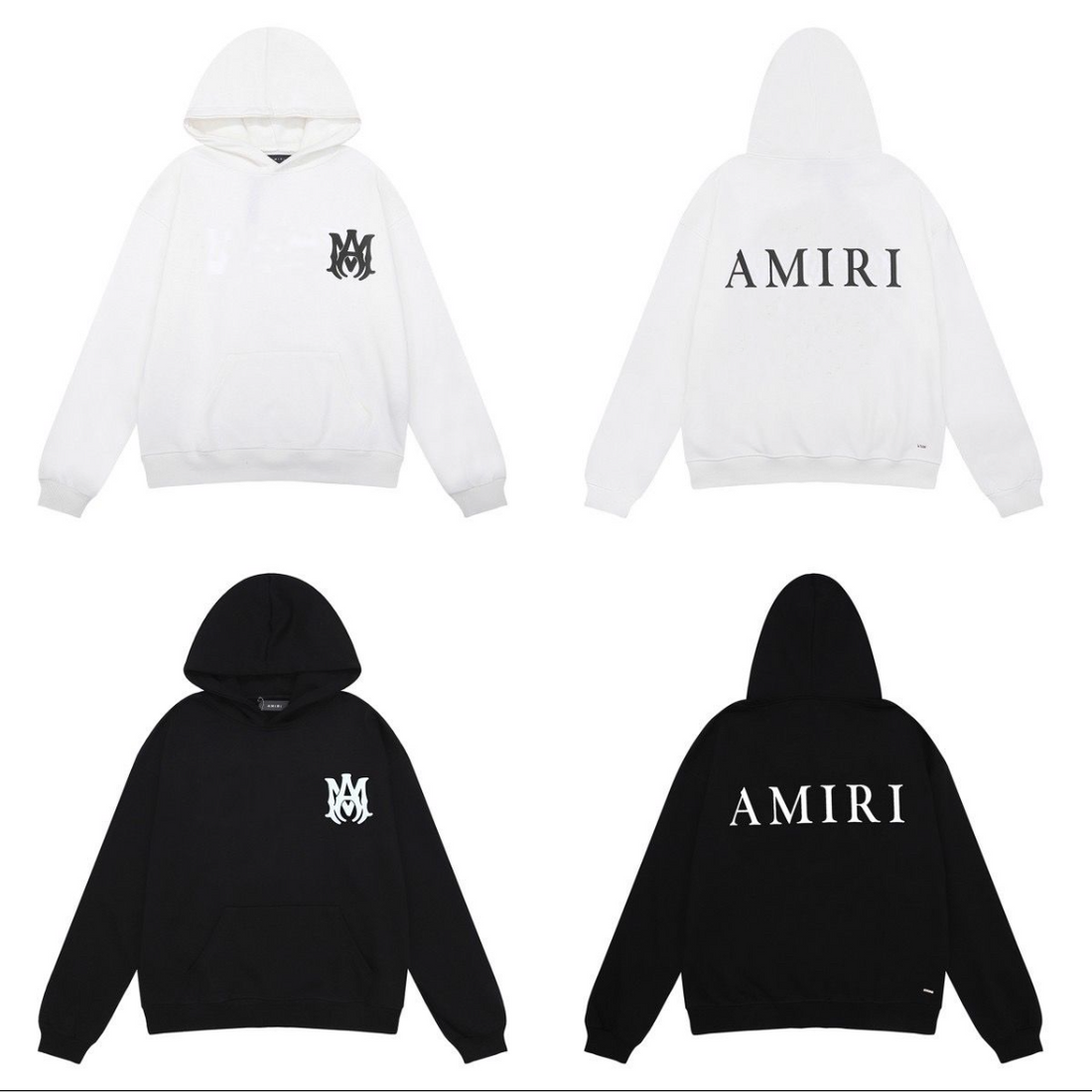 A black hoodie with a white "MM" logo on the chest, featuring a front pocket and a classic hooded design.