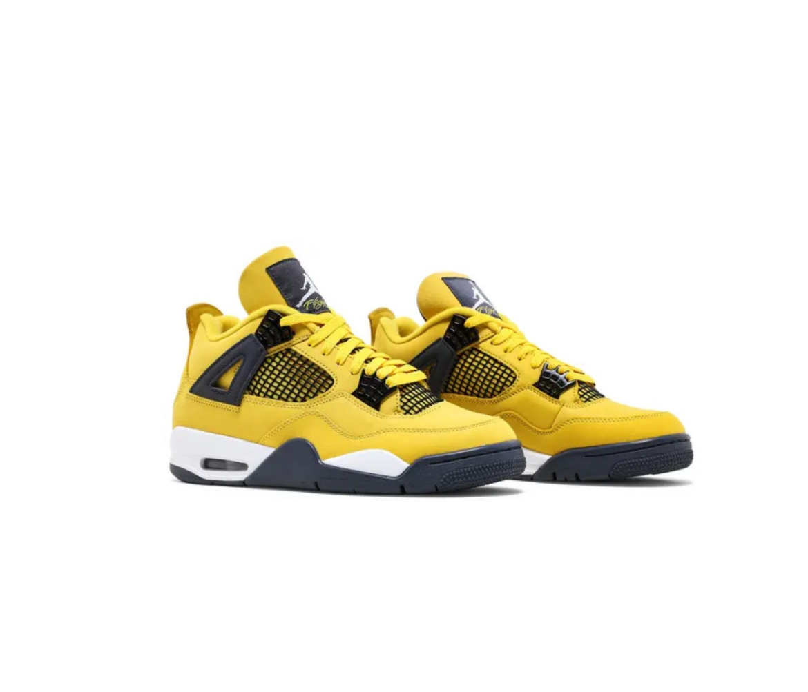 Bright yellow Air Jordan 4 sneakers with black netting, black accents, white midsole, and black outsole on a white background.