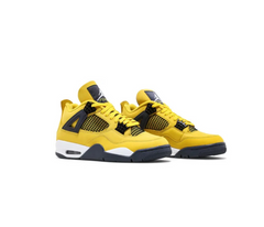 Bright yellow Air Jordan 4 sneakers with black netting, black accents, white midsole, and black outsole on a white background.