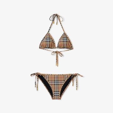 BURBERRY: Beige Check Bikini Swimsuit Set