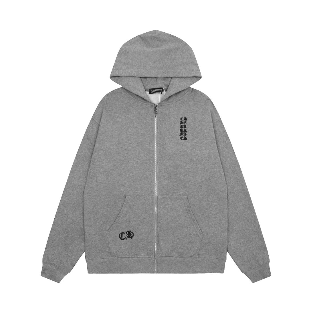 CHROME HEARTS: GREY ZIP UP HOODIE WITH VERTICAL LOGO