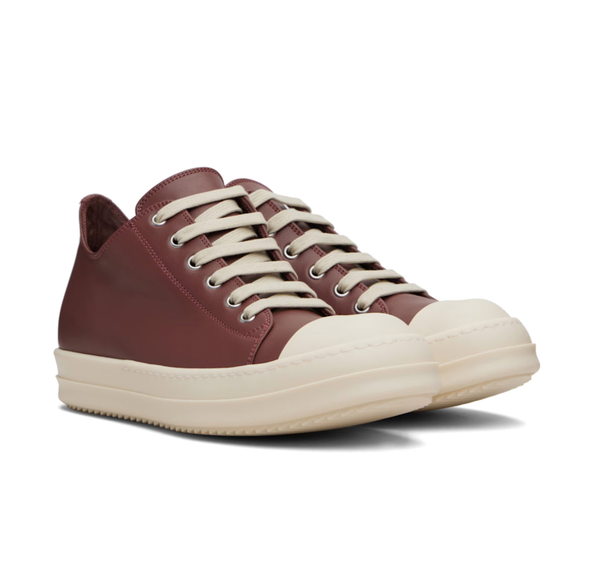 RICK OWENS: BURGUNDY LOW TOP SNEAKERS