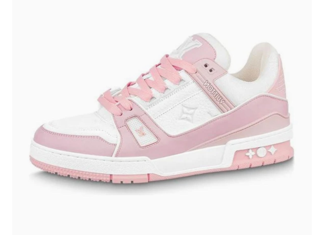 White and pink sneakers with a stylish design, featuring pink laces, LV logos, and a white sole with pink accents on the heel.