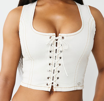 TRUE RELIGION: Lace-Up Denim Top Winter White