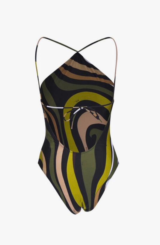 EMILIO PUCCI: Marmo Olive Criss-Cross One Piece Swimsuit