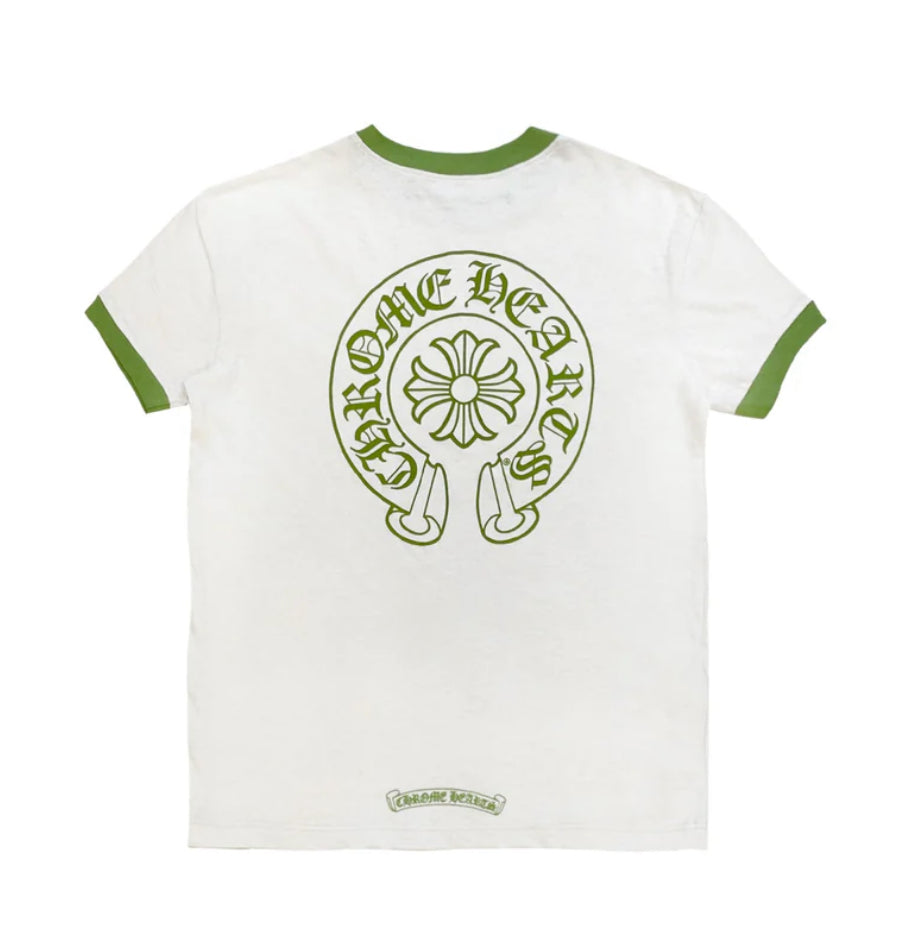 Chrome Hearts: Green＆White Horseshoe Logo Short Sleeve Tee