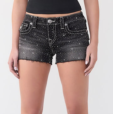 TRUE RELIGION: Joey Low Rise Crystal Cut-Off Shorts Thunder Bloom