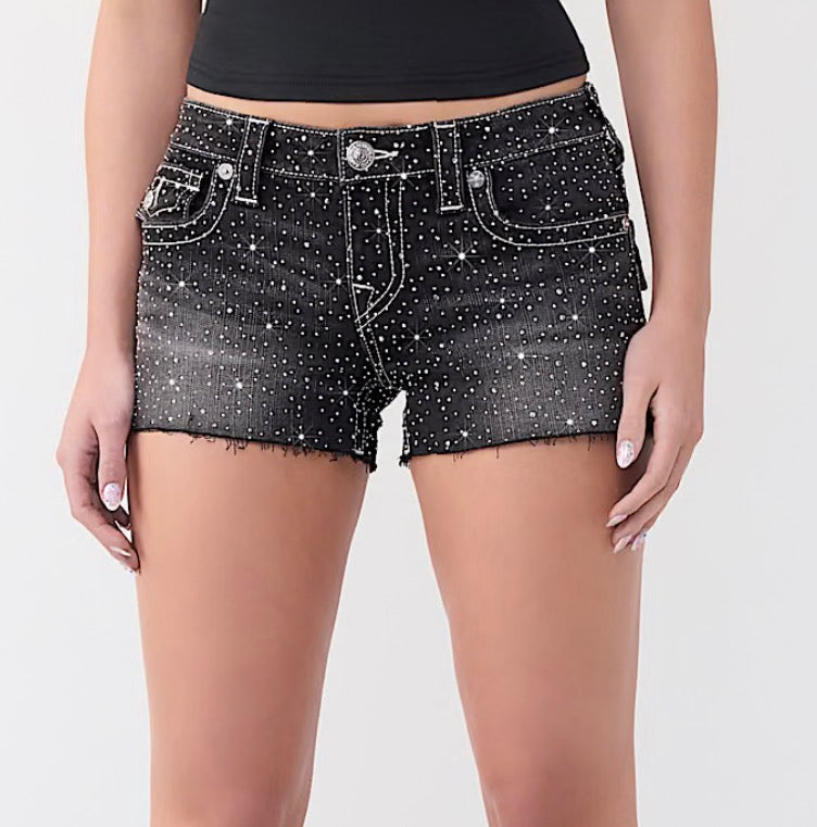TRUE RELIGION: Joey Low Rise Crystal Cut-Off Shorts Thunder Bloom