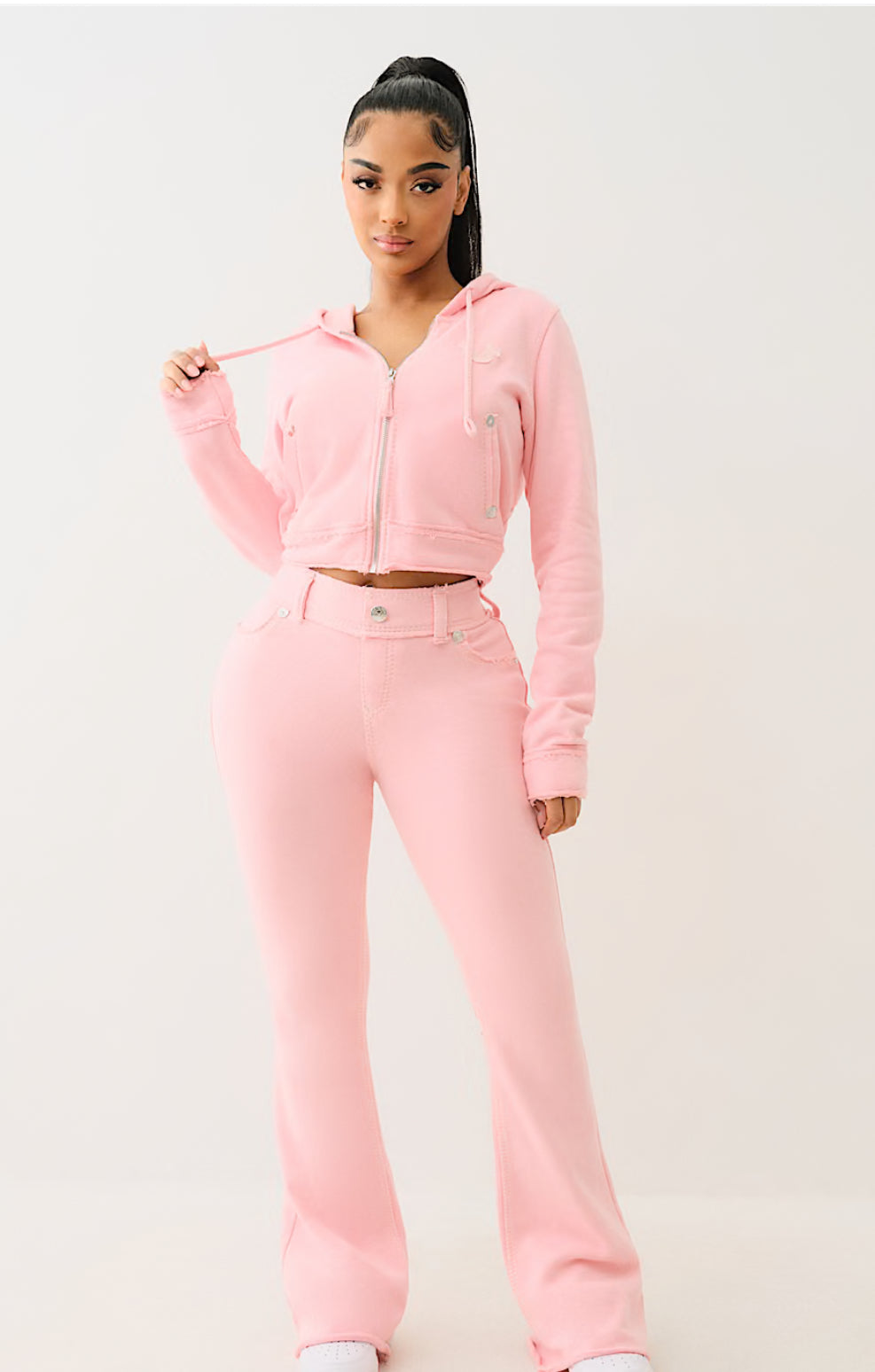 TRUE RELIGION: Candy Pink Raw Edge Big T Cropped Jogger Set