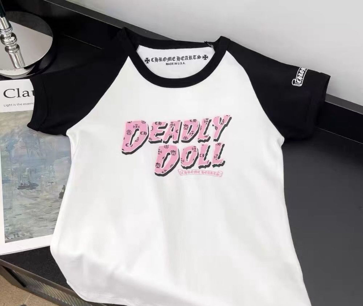CHROME HEARTS: DEADLY DOLL : White/Blk/Pink Tee