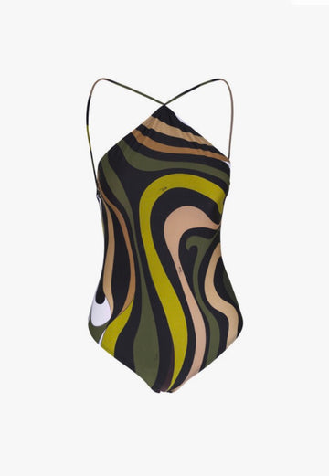 EMILIO PUCCI: Marmo Olive Criss-Cross One Piece Swimsuit